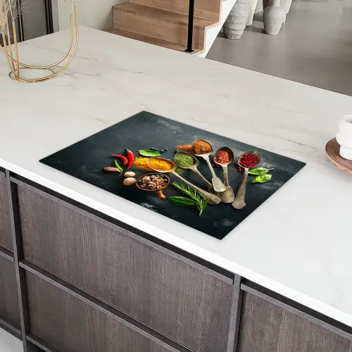 Kruiden - Lepels - Specerijen - Betonlook - Grijs Inductie beschermer vinyl 3mm klein -sfeer8