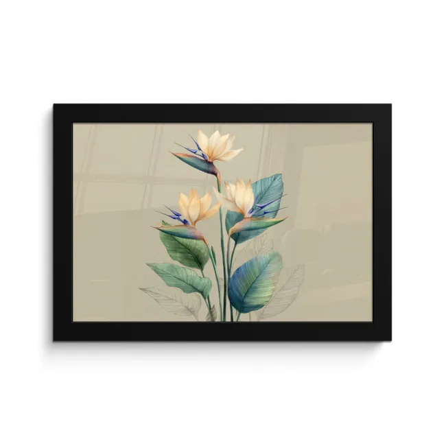 Paradijsvogelbloemen - Blauwgroene bladeren - Beige fotolijst zwart zonder passe partout klein -3d