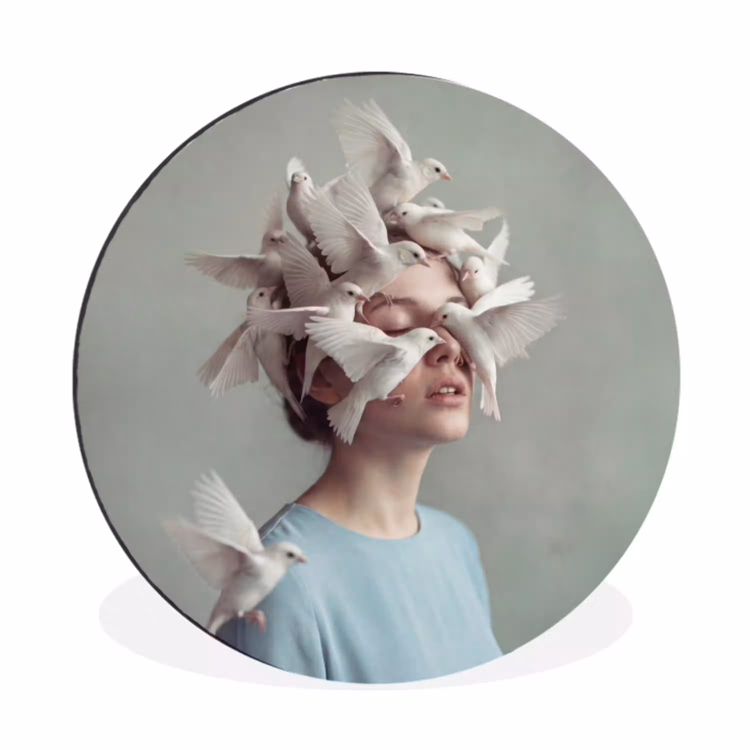Vrouw - Vogels - Abstract - Modern - Wit Wandcirkel aluminium klein -3d