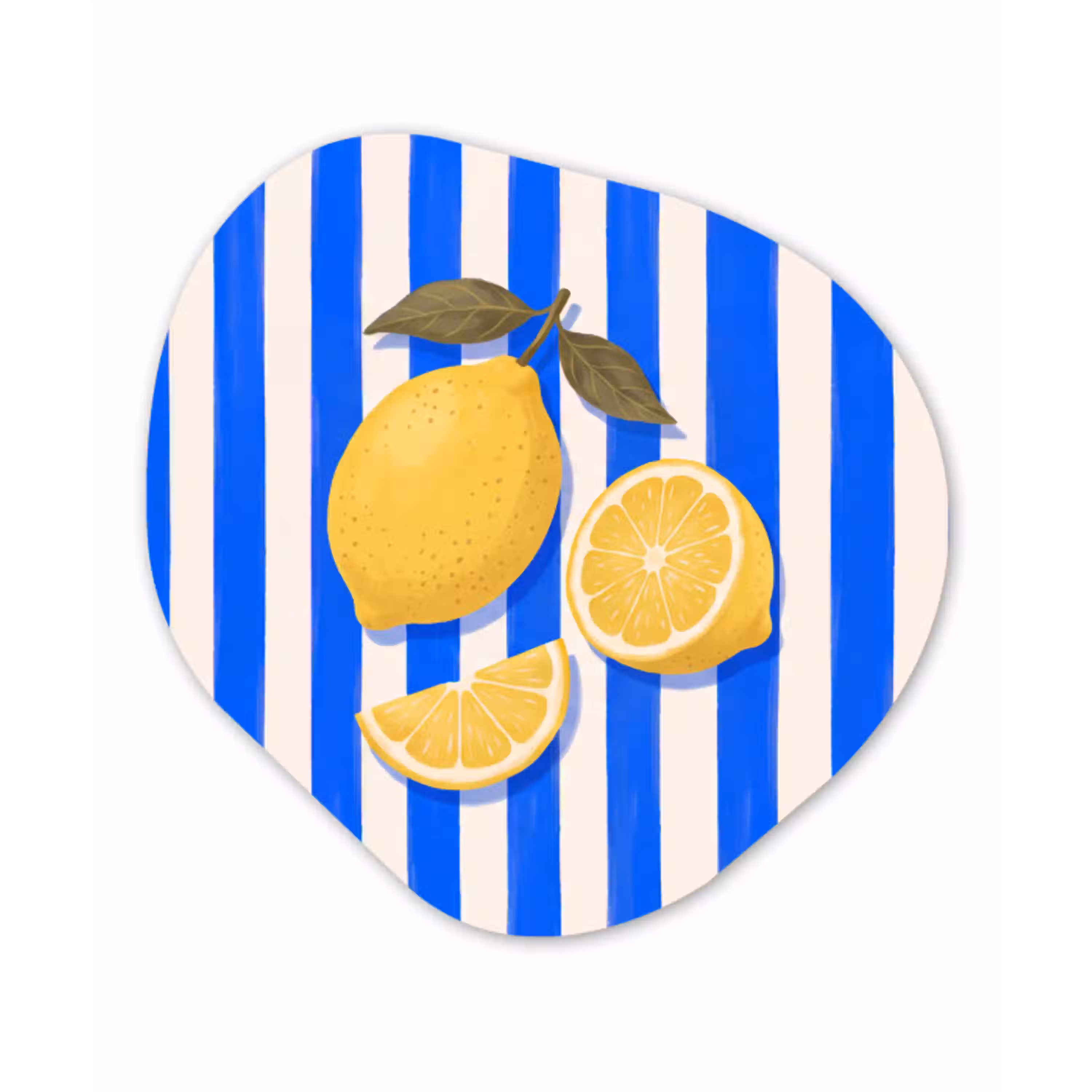 Fruit - Citroen - Zomer - Geel - Blauw Wandcirkel Organisch Aluminium middel -3d