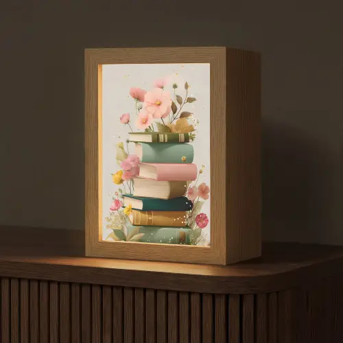 Boeken - Stapel - Bloemen - Kleurrijk Light Box met kabel (Tafellamp) klein -z3d_website