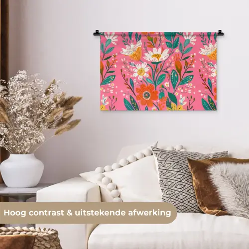 Roze - Bloemen - Wit - Oranje Wandkleed katoen klein -sfeer1