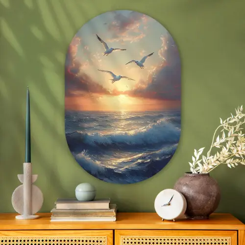 Meeuwen - Zonsondergang - Zee - Wolken Wandcirkel Ovaal Glas middel -sfeer2