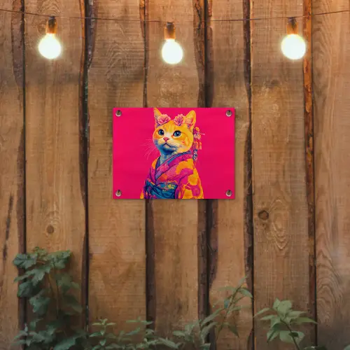 Kat - Kimono - Bloemen - Roze tuinposter los doek klein -sfeer1