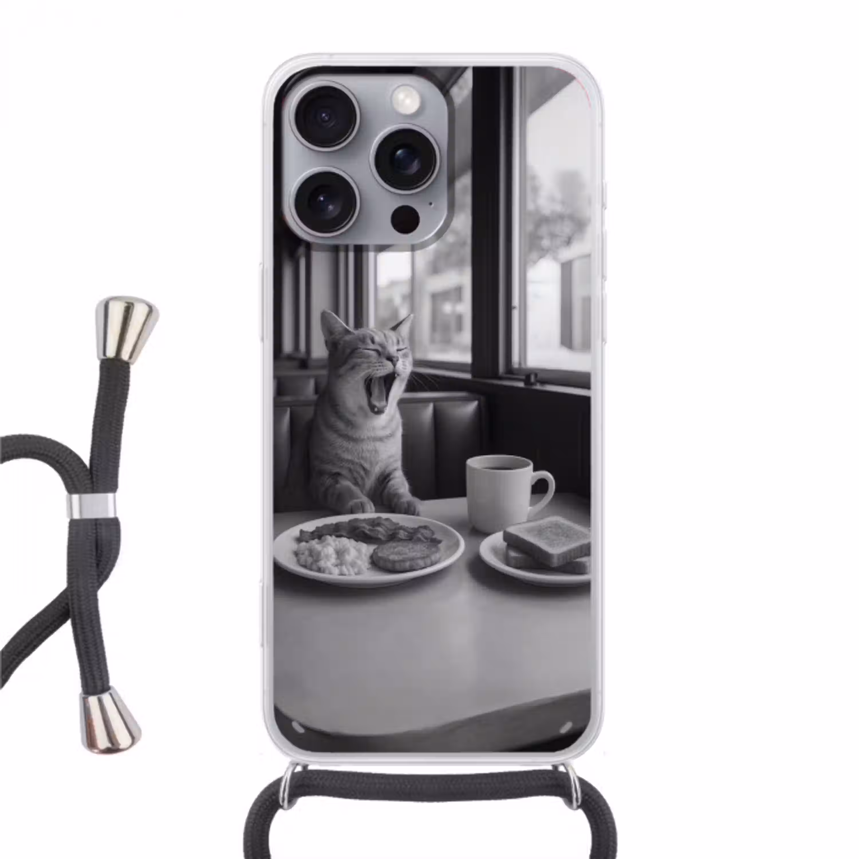 Kat - Koffie - Brood - Zwart Hoesje iPhone 16 Pro Max met koord klein -3d