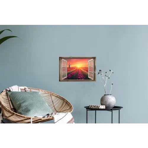 Doorkijk - Tulpen - Zonsondergang - Bloemen - Kleurrijk Muursticker klein -plant