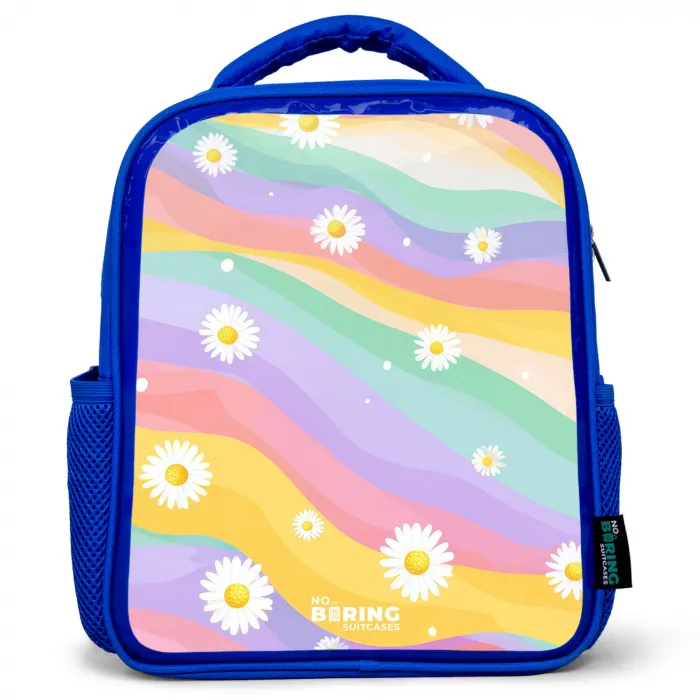Madeliefjes op regenboogachtergrond Kinderrugzak - Blauw middel -3d
