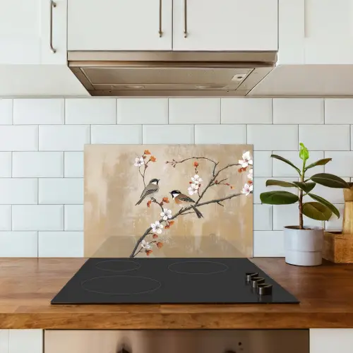 Vogels - Bloesemtak - Bloemen - Oranje keuken achterwand spatscherm klein -sfeer2