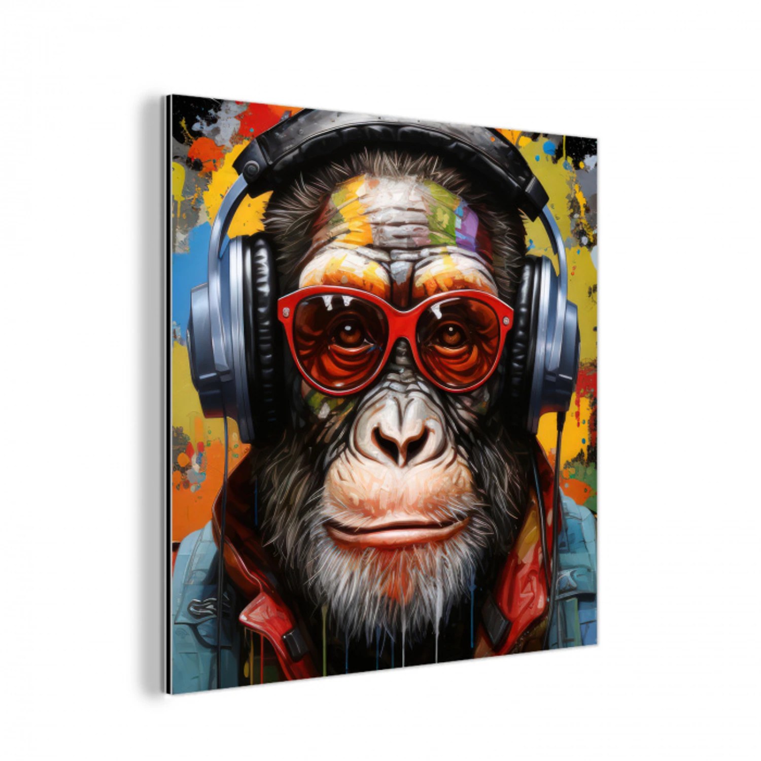 Chimpansee - Aap - dieren - Graffiti - Bril - Koptelefoon - Kleuren aluminium wit klein -3d