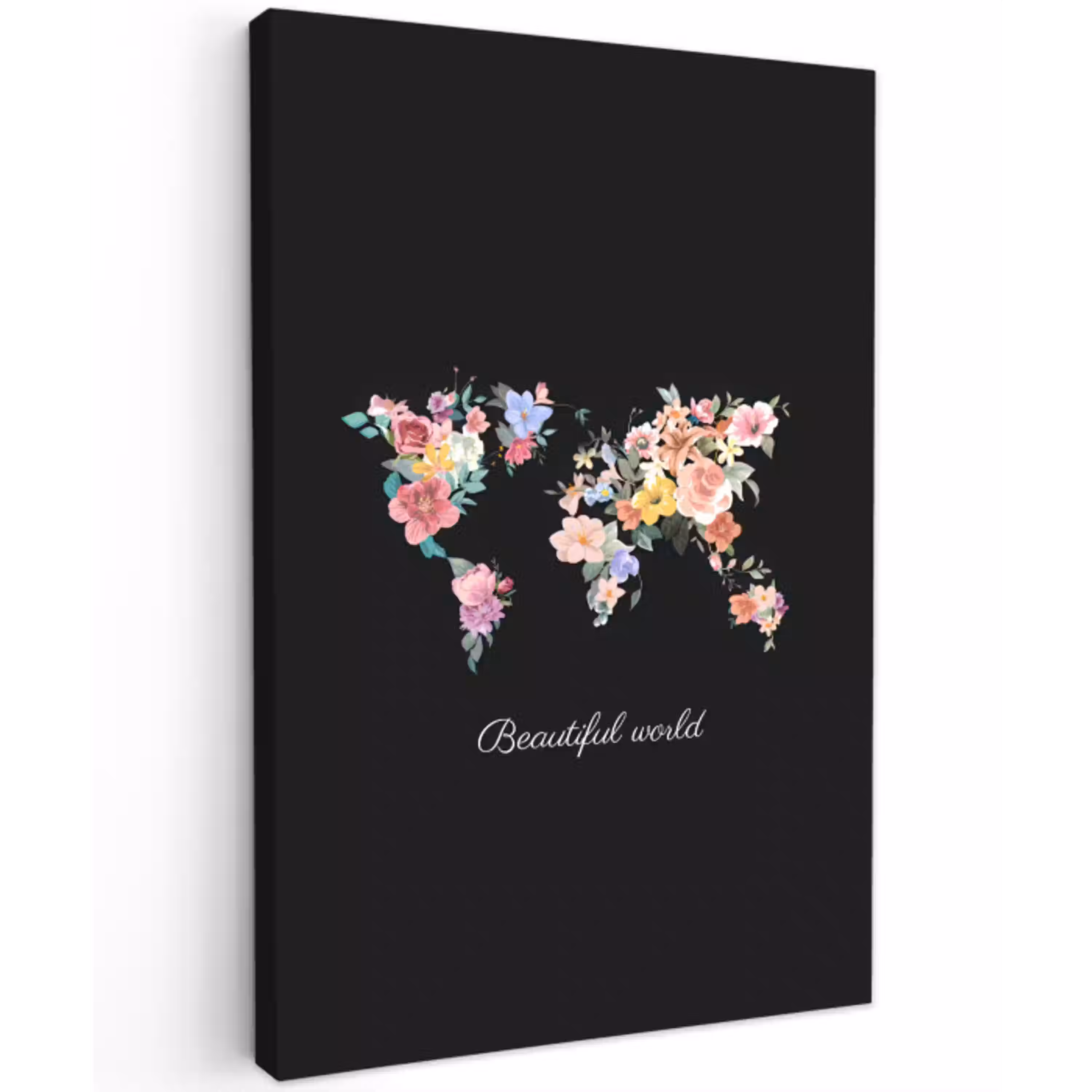Wereldkaart - Bloemen - Pastelkleuren Tuinposter op houten frame 2 cm dik middel -3d
