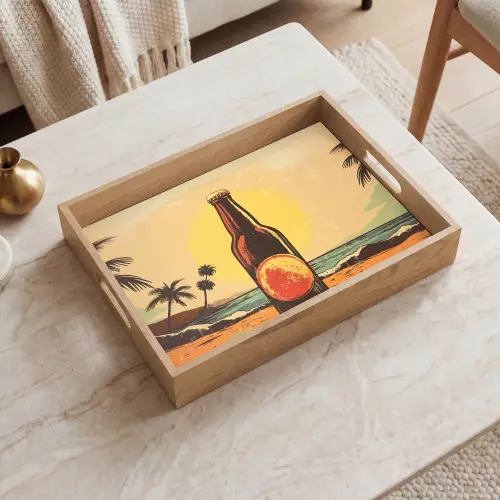 Bierfles - Zonsondergang - Palmbomen - Zee Dienblad Rechthoek middel -sfeer1