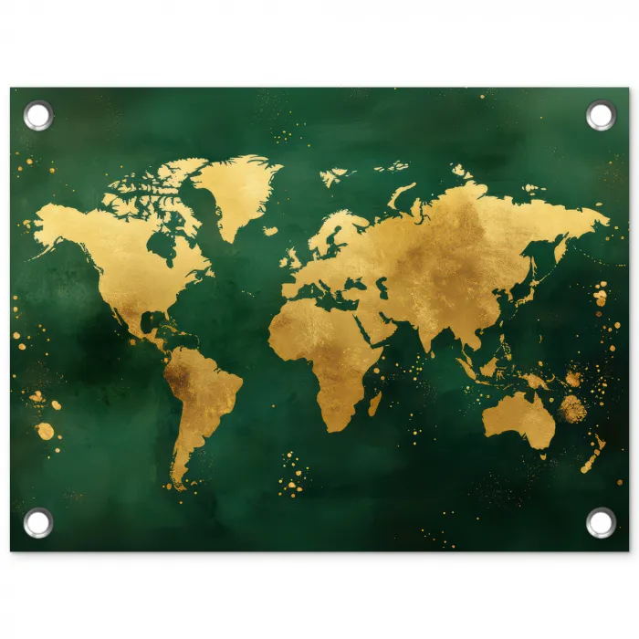 Wereldkaart - Groen - Goud tuinposter los doek klein -3d