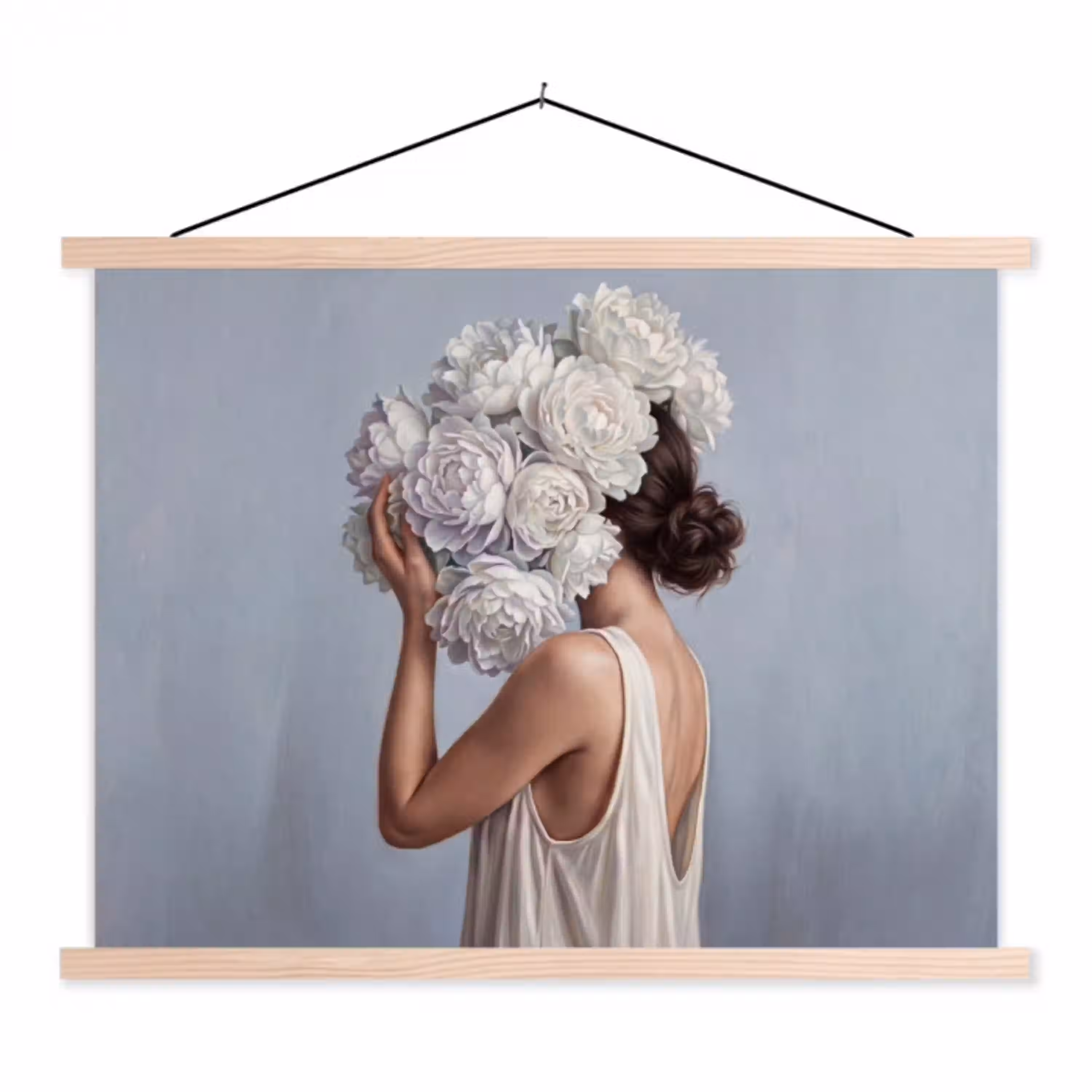 Bloemen - Vrouw - Wit textielposter latten blank klein -3d