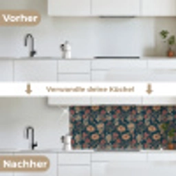 Botanisch - Patroon - Blauw keuken achterwand 2 middel 871 -voor-na_DE