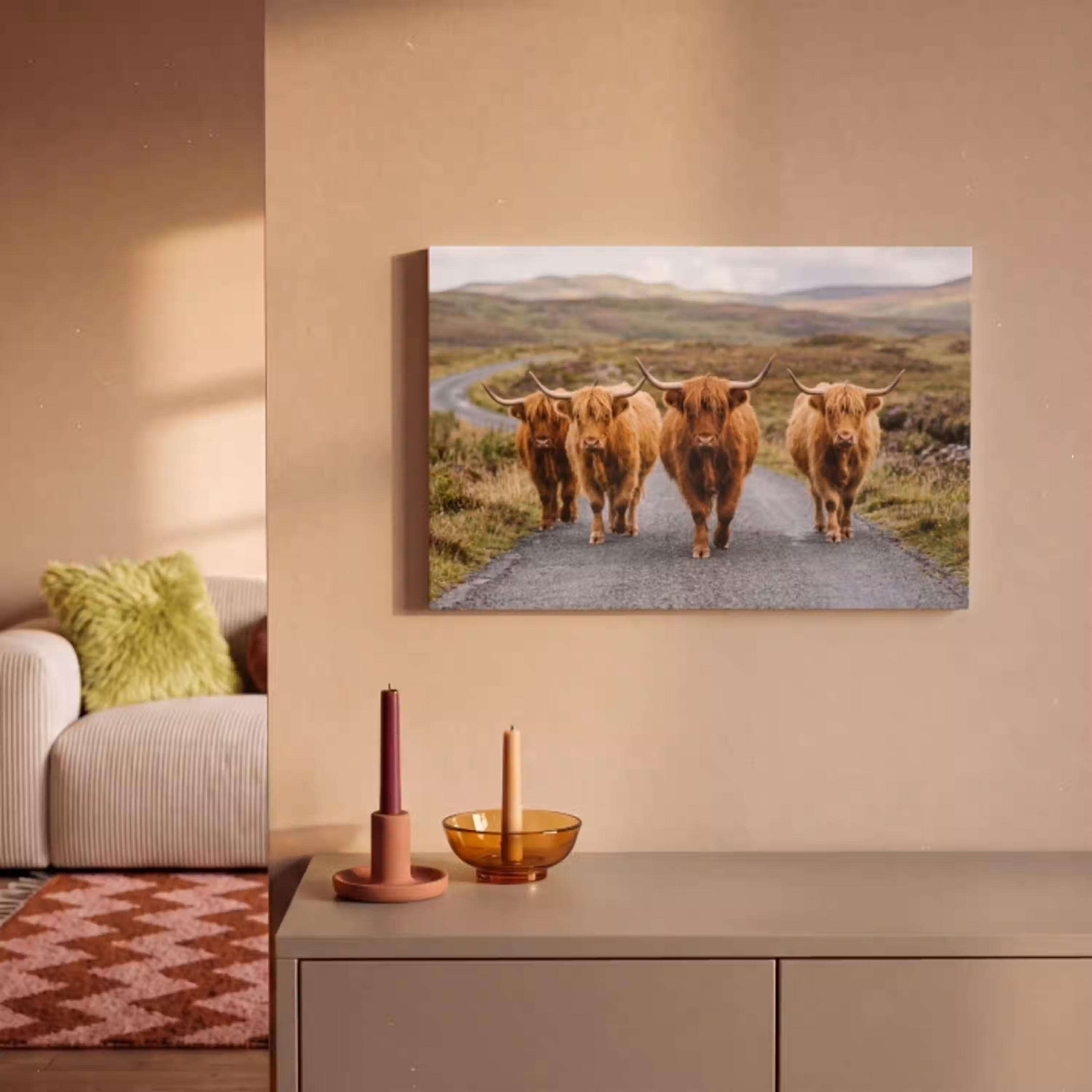 Schotse Hooglanders - Weg - Landschap - Kudde canvas 2cm klein -sfeer1