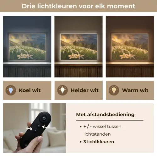 Bloemenveld - Heuvels - Zonsondergang - Berg - Natuur - Wit - Heuvels Light Box met batterij (Wandlamp) middel -USP_lichtkleurNL