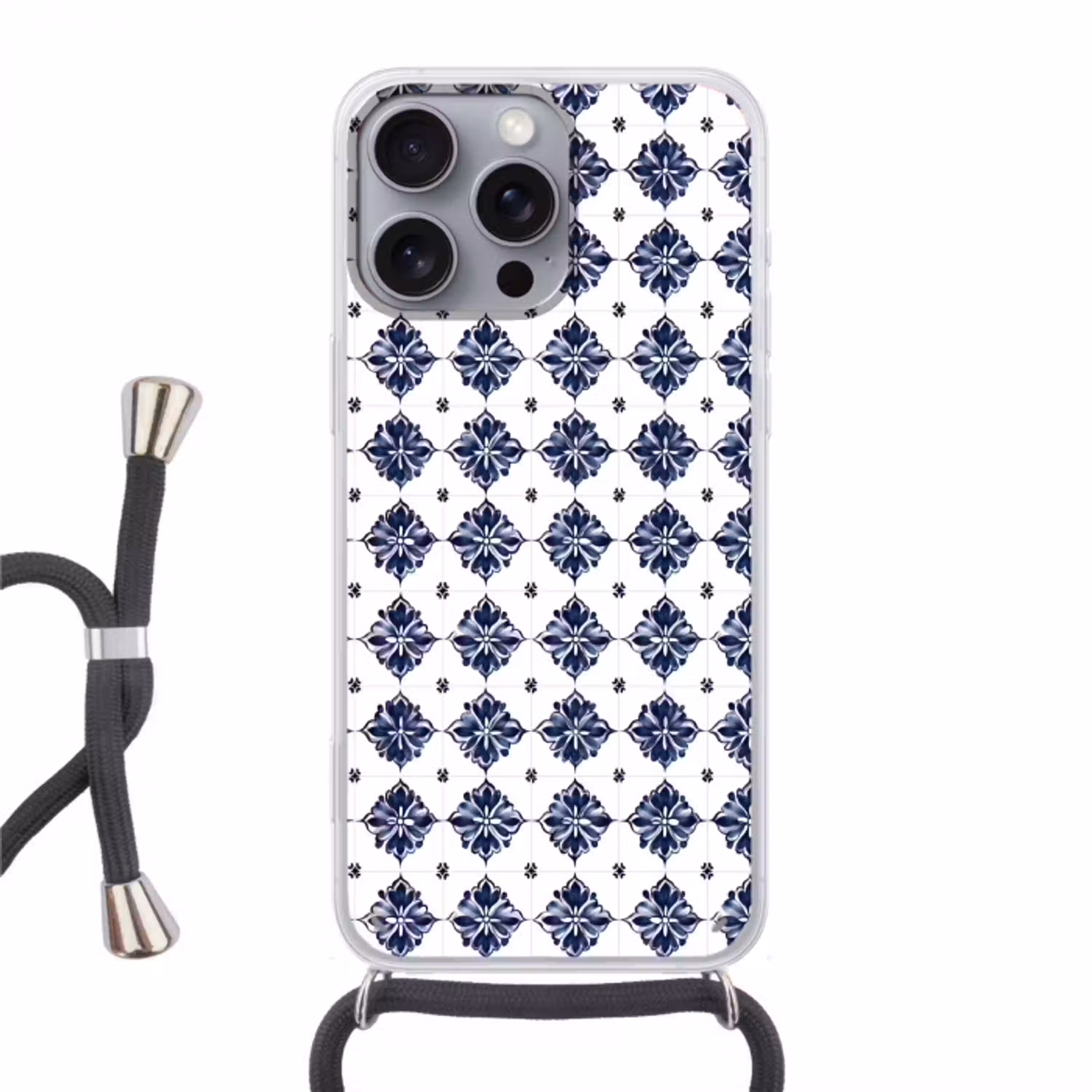 Tegelmotief - Blauw - Wit - Bloem Hoesje iPhone 16 Pro Max met koord klein 804 -3d