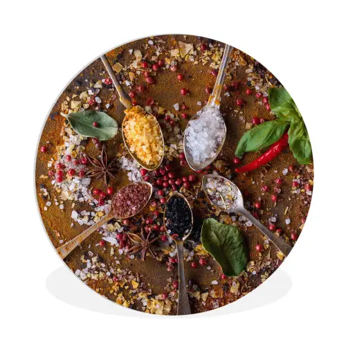 Specerijen - Kruiden - Lepels - Zout - Bruin - Keuken Wandcirkel kunststof plaat 5mm dik klein -3d