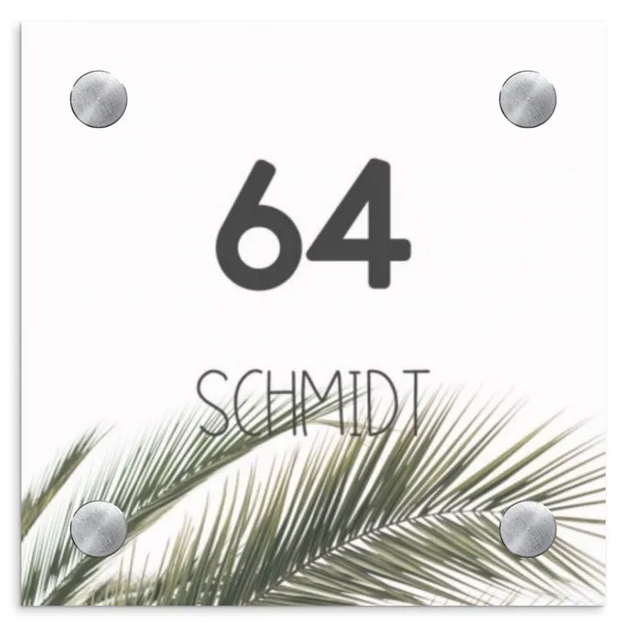 Wit met palmblad - Modern Naambord Vierkant klein -3d