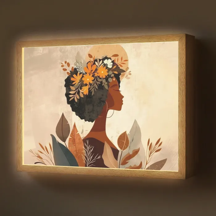 Vrouw - Krullen - Bloemen - Beige Light Box met batterij (Wandlamp) middel -z3d_website