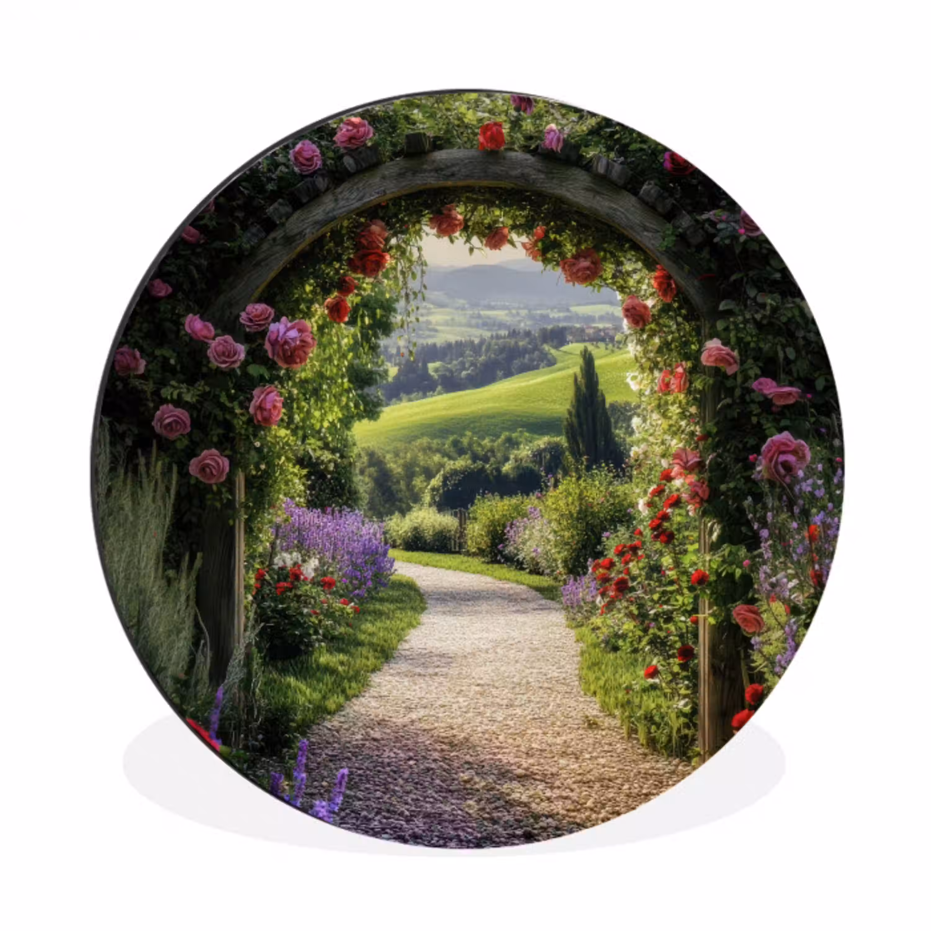 Doorkijk - Tuinboog - Bloemen - Natuur - Pad Wandcirkel aluminium klein -3d