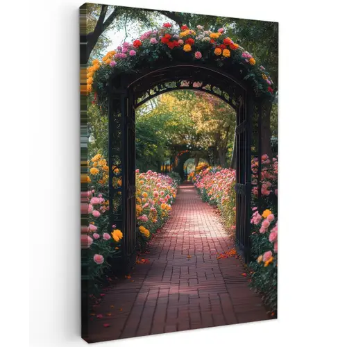 Doorkijk - Bloemen - Pad - Natuur - Kleurrijk Tuinposter op houten frame 2 cm dik klein -3d