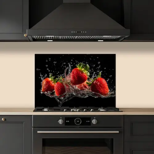 Aardbeien - Fruit - Rood - Water - Zwart keuken achterwand spatscherm klein -sfeer1