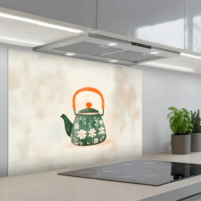 Kitchen splashback for hob - Teapot - Green - Flowers - Orange