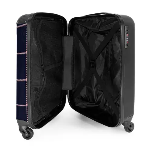 Donkerblauw ruitpatroon met roze visgraatlijnen NBS - Handbagage koffer - Kinderen Unisex middel -binnenkant