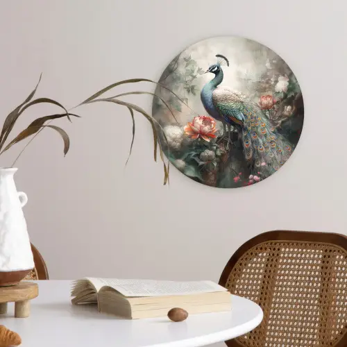 Pauw - Pauwenveren - Vogel - Jungle - Bloemen Wandcirkel kunststof plaat 5mm dik klein -sfeer4