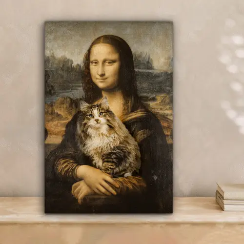 Mona Lisa - Kat - Leonardo da Vinci - Vintage - Kunstwerk - Oude meesters - Schilderij canvas 2cm klein -sfeer1