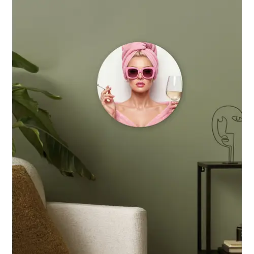Vrouw - Roze - Wijn - Zonnebril Wandcirkel kunststof plaat 5mm dik klein -sfeer3