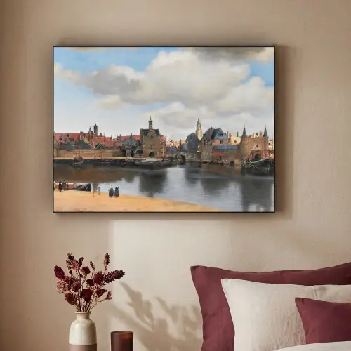 Vermeer - Stad - Oude meesters - Kunst Textielframe zwart klein -sfeer1