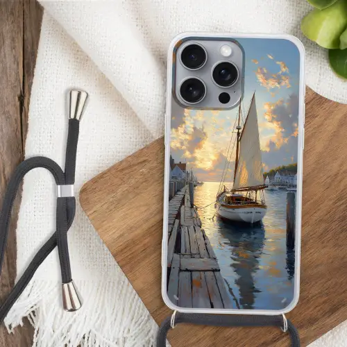 Zeilboot - Zon - Pier - Hout Hoesje iPhone 16 Pro Max met koord klein -sfeer4