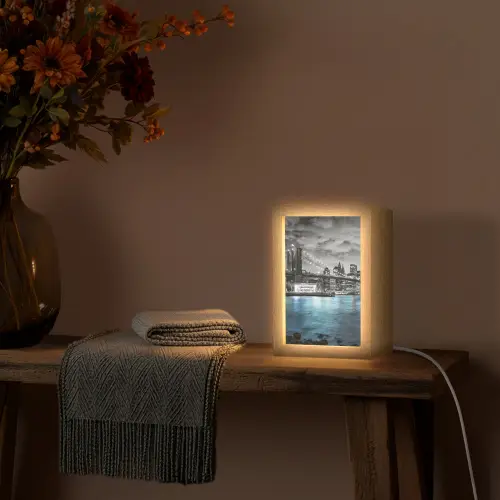 New York - Skyline - Stad - Blauw Light Box met kabel (Tafellamp) klein -sfeer4