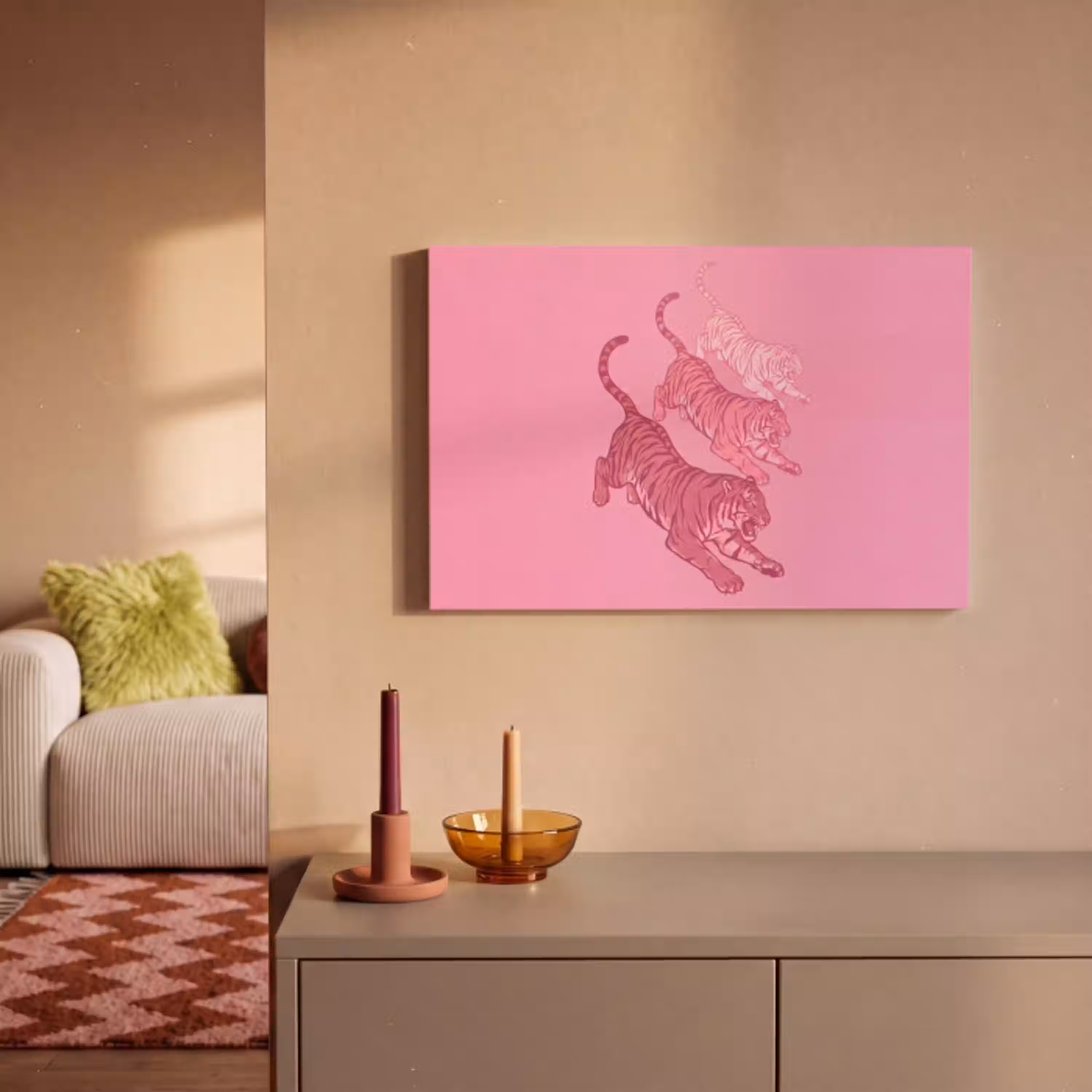 Kat - Springend - Dieren - Roze - Modern canvas 2cm klein -sfeer1