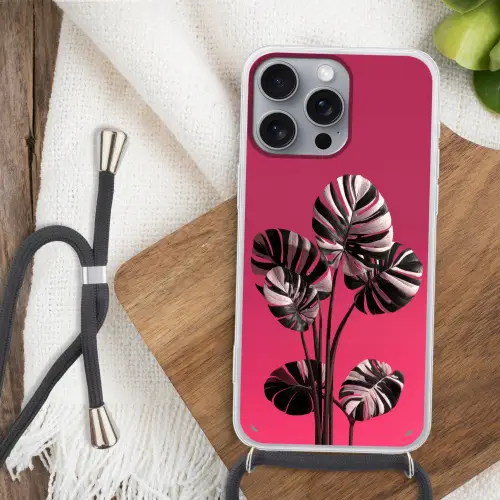 Bladeren - Rond - Roze Hoesje iPhone 16 Pro Max met koord klein -sfeer4