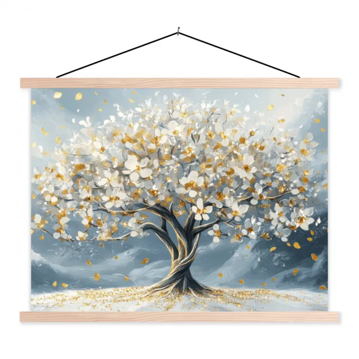 Boom - Winter - Levensboom - Modern - Goud textielposter latten blank klein -3d