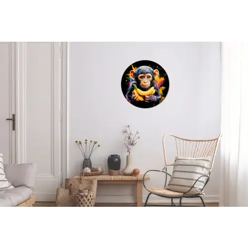 Aap - Graffiti - Kleurrijk - Bananen - Modern Wandcirkel aluminium klein -woonkamer