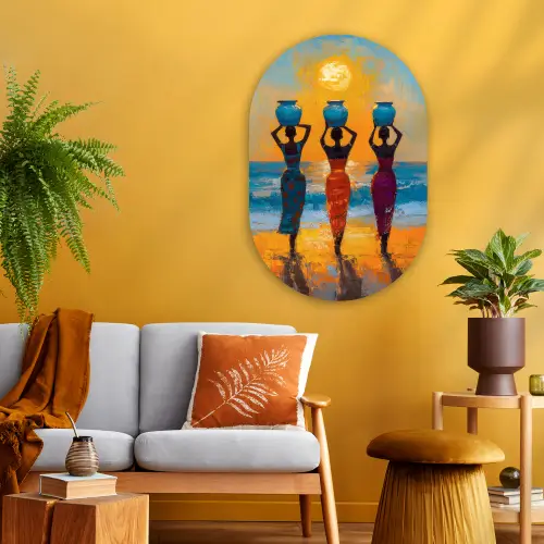 Vrouwen - Strand - Zondsondergang Wandcirkel Ovaal Glas middel -sfeer4