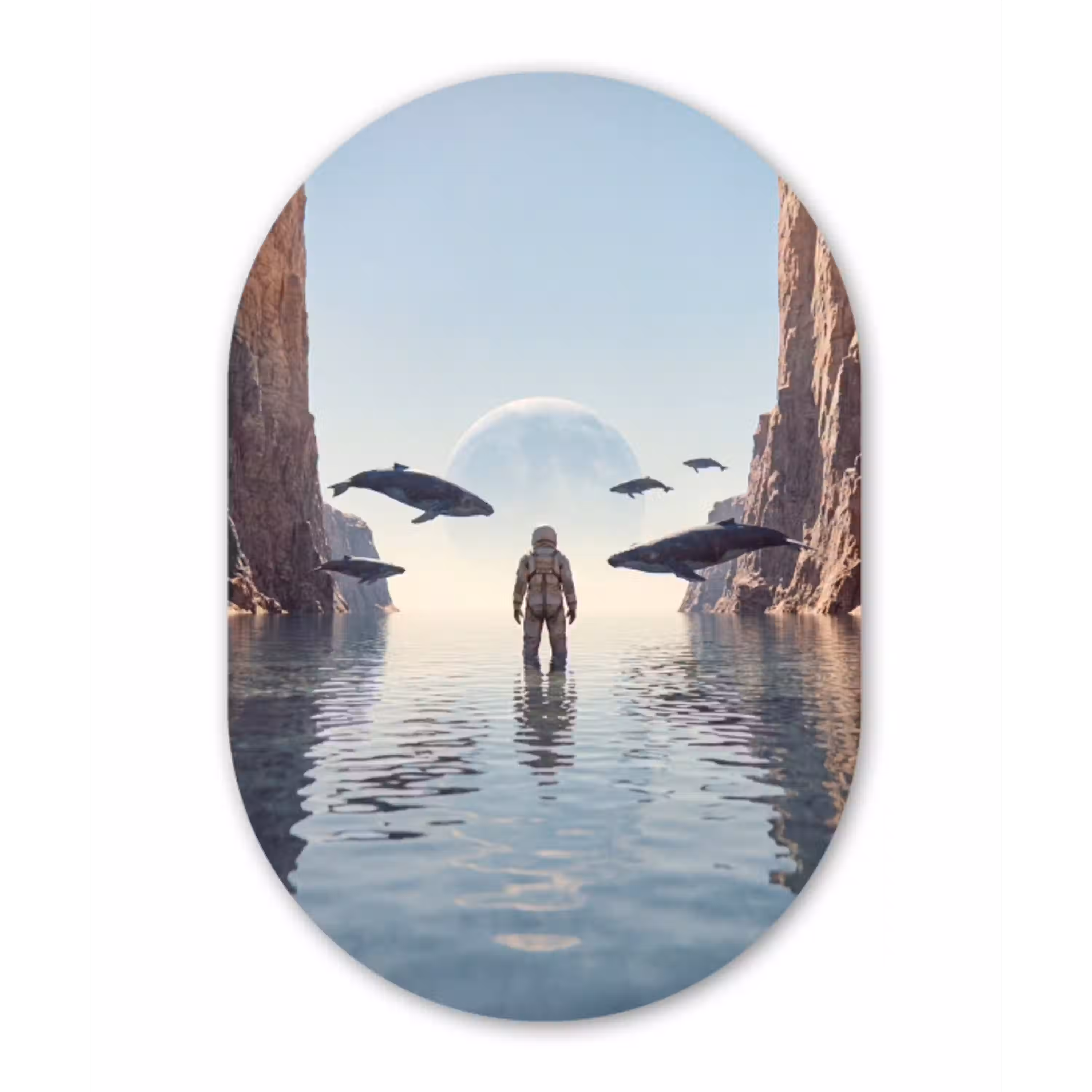 Ruimtevaarder - Walvis - Fantasie Wandcirkel Ovaal Glas middel -3d