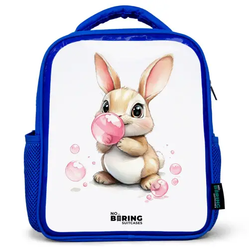 Bruin konijntje met roze bellen Kinderrugzak - Blauw middel -3d