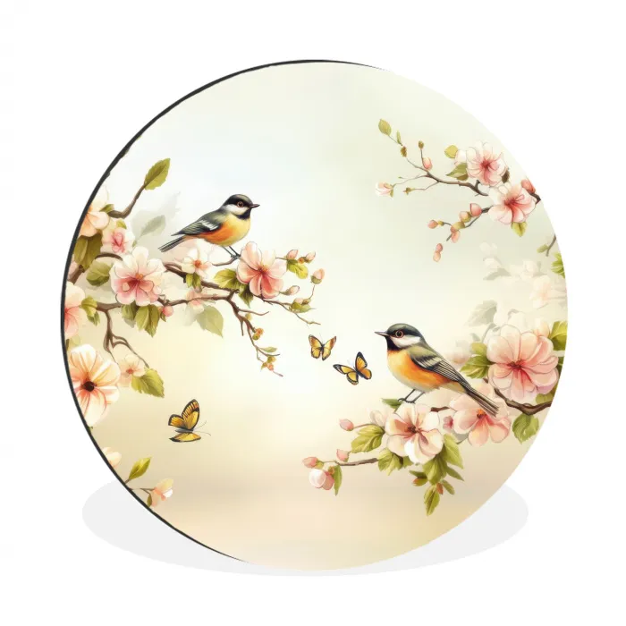 Takken - Bloemen - Vogeltjes - Roze Wandcirkel aluminium klein -3d
