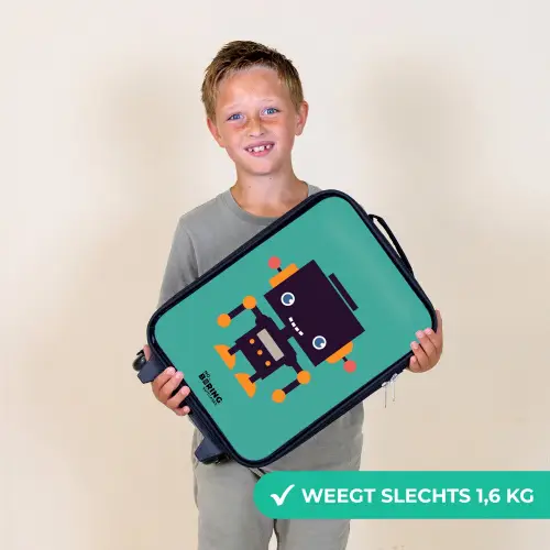 Zwarte robot met oranje accenten op een blauwe achtergrond Kinderkoffer - Zwart klein -sfeer4_NL