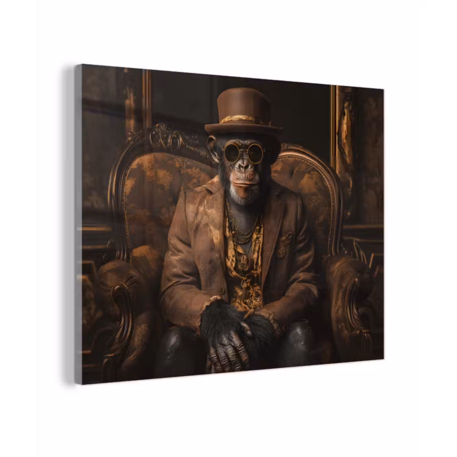 Glas schilderij - Chimpansee - Stoel - Pak - Bruin
