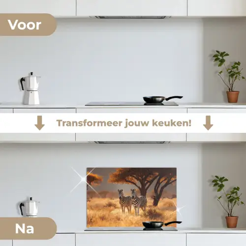 Zebra's - Savannelandschap - Gras keuken achterwand spatscherm klein -voor_na_NL
