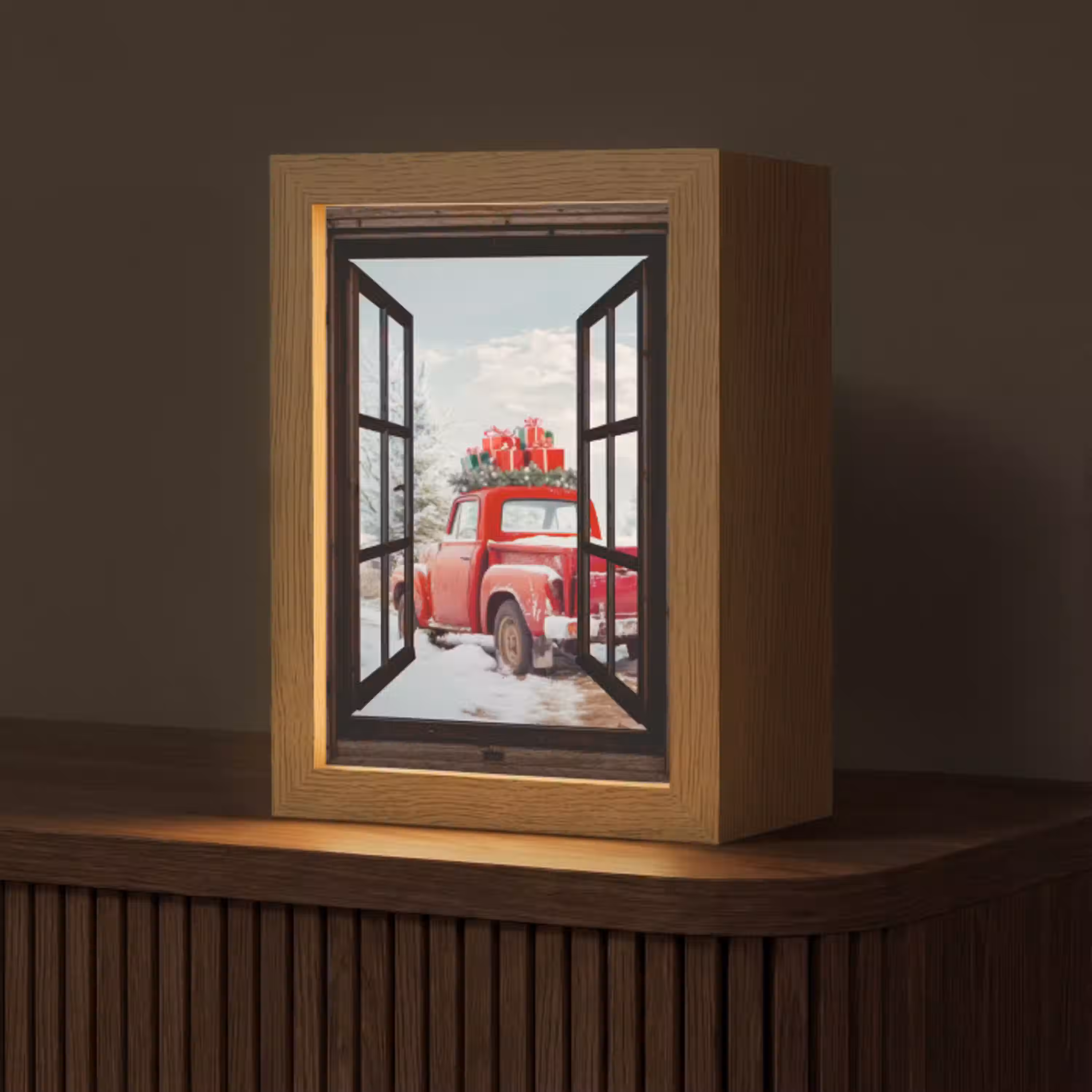 Doorkijk - Auto - Rood - Cadeaus - Winterlandschap - Kerst Light Box met kabel (Tafellamp) klein -z3d_website