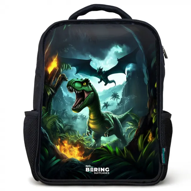 Kids' Backpacks Black -. Dinosaur and dragon in fiery jungle valley