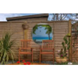 Doorkijk - Boom - Zee - Palmboom - Heuvels - Strand - Blauw Wandcirkel tuinposter met ringen klein -buiten3