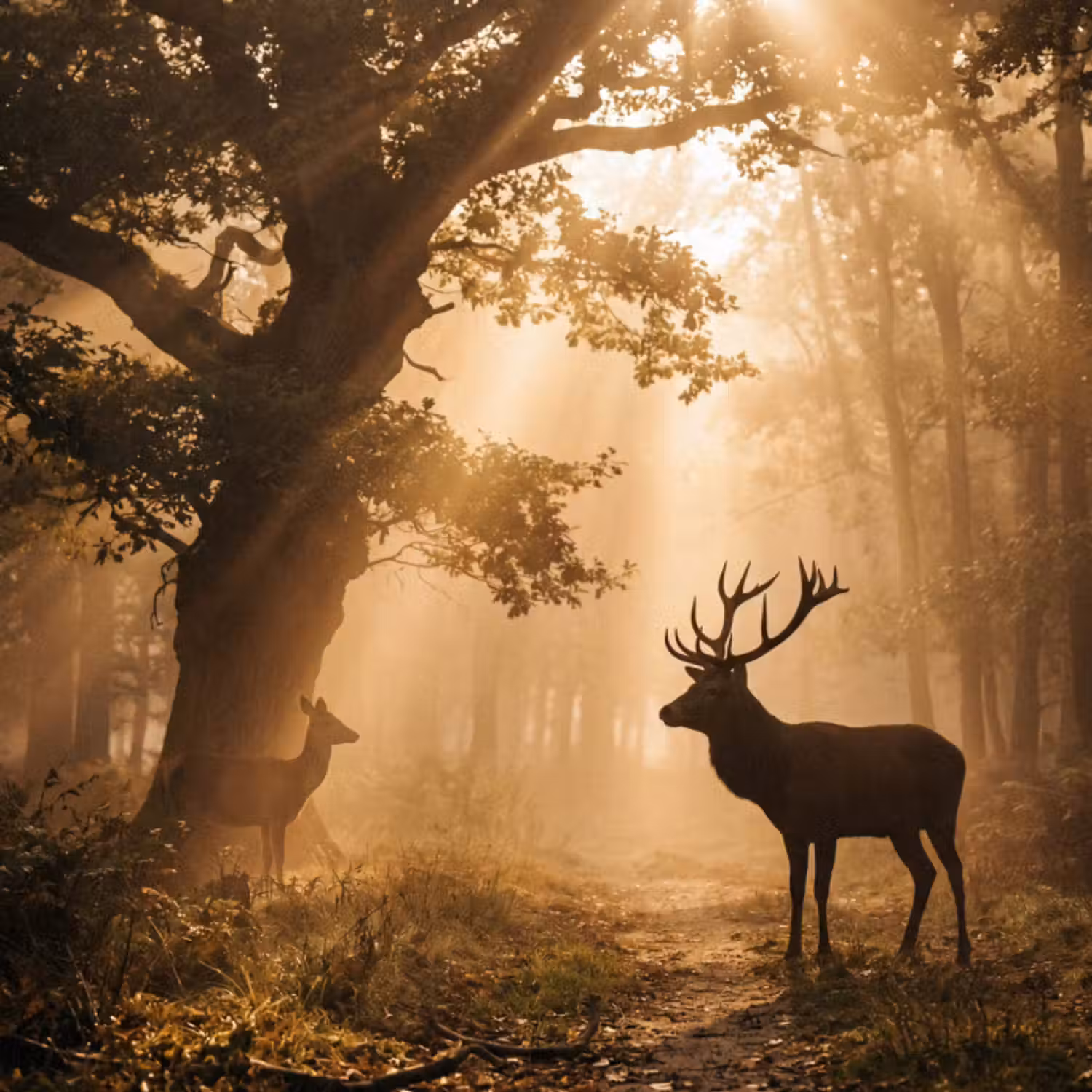 Behang - Hert - Bos - Mistig - Natuur - Goud